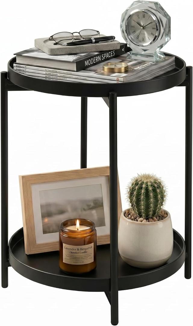 2 Tier Round Side Table, Folding Round Metal End Table Small Nightstand with Two Removable Tray for Bedroom Living Room Bedside Small Spaces Black