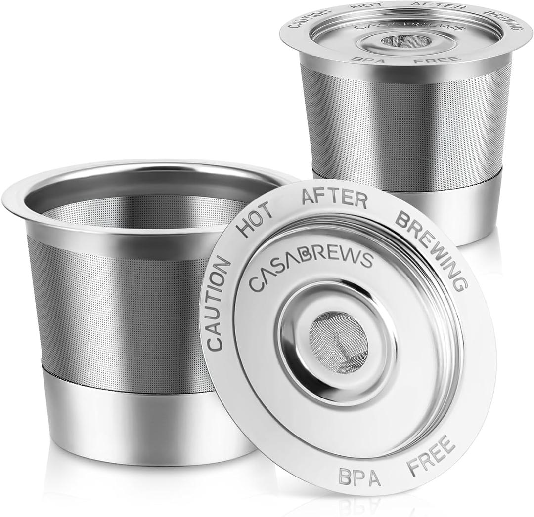 CASABREWS CASKF02 Reusable K Cup Filters, 2 Pack Stainless Steel Refillable Coffee Pods for Keurig 1.0 Brewers, Universal Fit, Eco-Friendly & BPA-Free (Silver)
