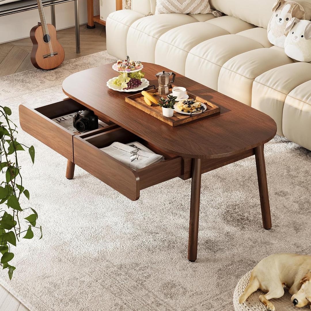 Oval Coffee Table with Storage - 39.4” Mid Century Modern Coffee Tables for Living Room, Farmhouse Wooden Center Table with 2 Drawers - Walnut Color, 39.4''W x 19.7''D