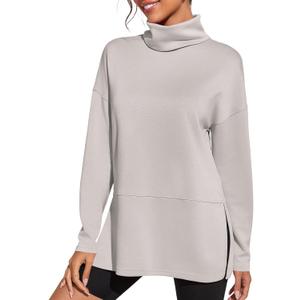 Fisoew Women's Turtleneck Oversized Sweatshirt Casual Long Sleeve Loose Side Slit Pullovers Tunic Tops (X-Large, Apricot)