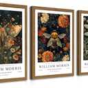 Wood Frame William Morris Wall Art Set of 3, Vintage Animal Bee Butterfly Dragonfly Posters Prints, Botanical Nature Flower Canvas Wall Decor Paintings for Living Room Bedroom Bathroom 16x24In Framed