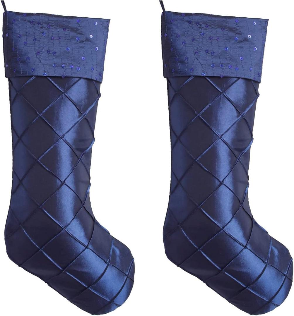 Gireshome Set of 2PCS Blue Handcraft Diamond Pintuck Body,Sequin Blingbling Decoration Cuff Christmas Stocking - 10"x18"