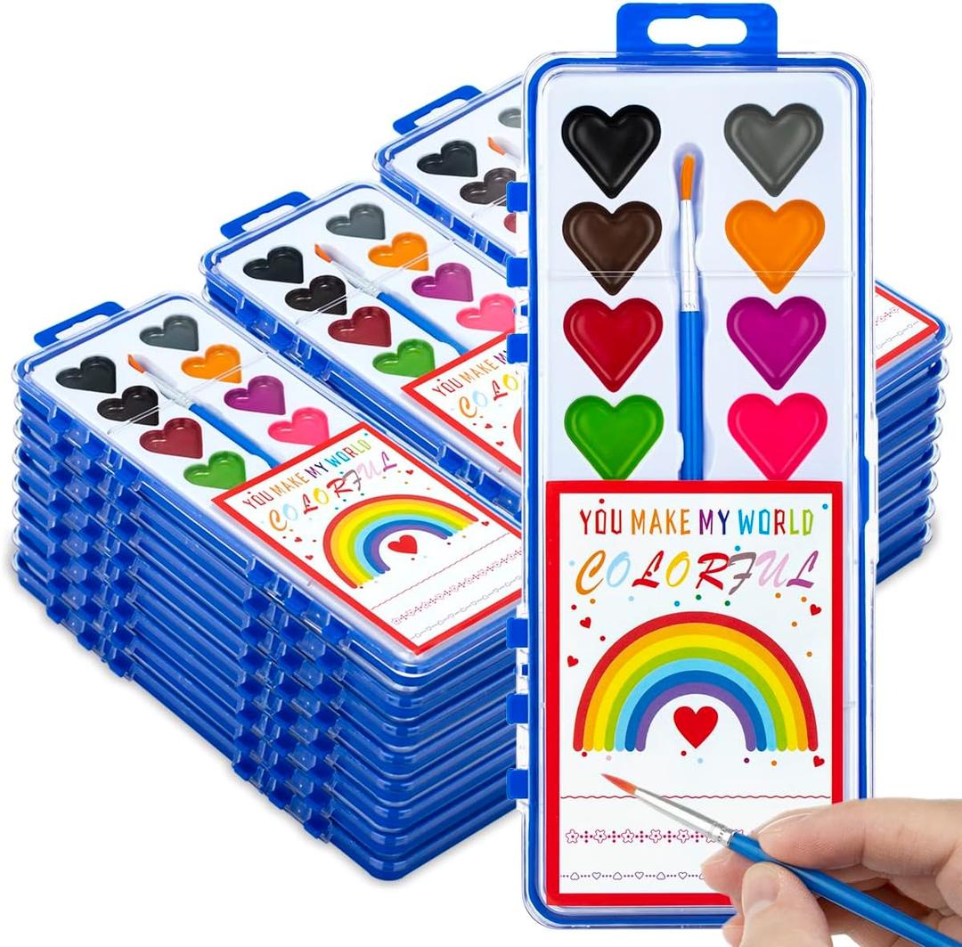 Valentines Day Gifts for Kids, 24 Pack Watercolor Paint Set with Paintbrush for Kids, Prizes Exchange Gifts Valentines Party Favors for Preschool Classroom School