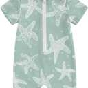 Toddler Baby Boy 4th of July Swimsuit Short Sleeve Bathing Suits One Piece Swim Zip Up Infant Boy Swimwear Sunsuits (2-3T, Green Starfish)