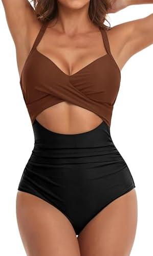 Eomenie Women's One Piece Swimsuits Tummy Control Cutout High Waisted Bathing Suit Wrap Tie Back 1 Piece Swimsuit, M