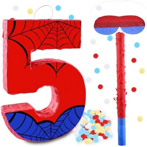 16 Inch Number 5 Spider Pinata with 16 Inch Piñata Stick Blindfold Confetti for Boy Girl Kids 5th Birthday Party Decorations (5th)