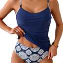 Eomenie Tankini Swimsuits for Women Two Piece Tummy Control Bathing Suit Slimming Modest Swimwear with High Waisted Bottom (Large, Navy Blue Print)