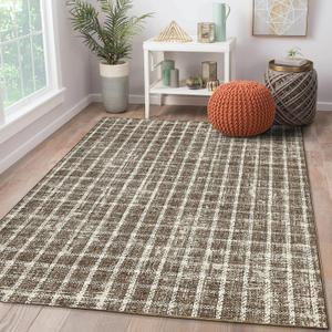 Checkered Area Rugs, Soft Low-Pile Geometric Carpet, Non-Slip Washable Retro Carpet for Bedroom Living Room Kitchen Farmhouse Entryway Hallway Indoor Decor (3' x 5' (Rectangular), Brown)
