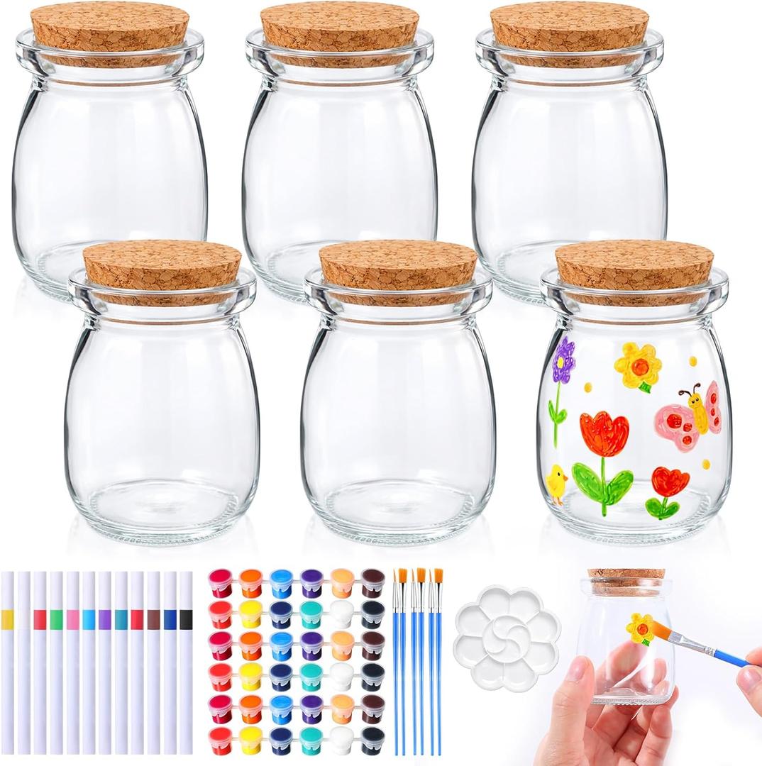 6 Set Paint Your Own Glass Jar Kit Included Clear Glass Pudding Jars with Markers Art DIY Set for Teen Adults Decor Craft Project Birthday Party Activities