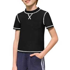 Haloumoning Boys Athletic Short Sleeve T-Shirts Kids Quick Dry Rash Guard Swim Shirt Tops Tees 5-14 Years (11-12 Years, Black)