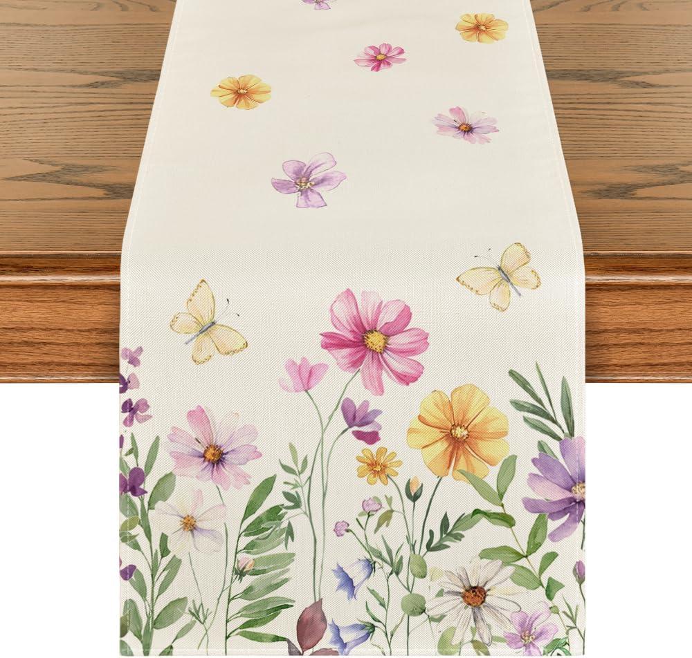Artoid Mode Flowers Butterfly Summer Table Runner, Seasonal Spring Kitchen Dining Table Decoration for Home Party Decor 13x90 Inch (Beige)