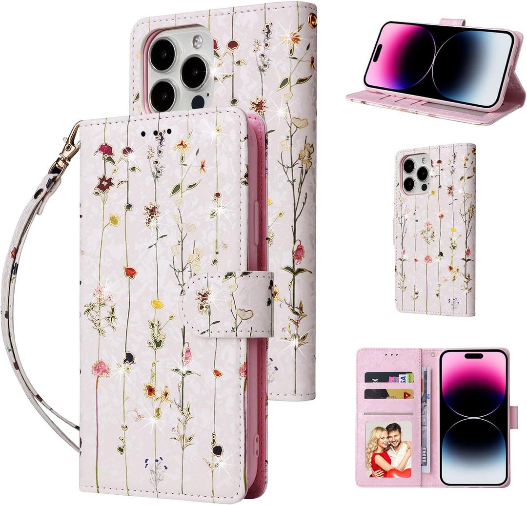 UEEBAI Wallet Case for iPhone 14 Pro Max 6.7 inch, PU Leather Phone Case Kickstand RFID Blocking Flip Case Card Slots Wrist Strap Relief Engraved Pattern Magnetic Closure Flower Folio Case, Vine