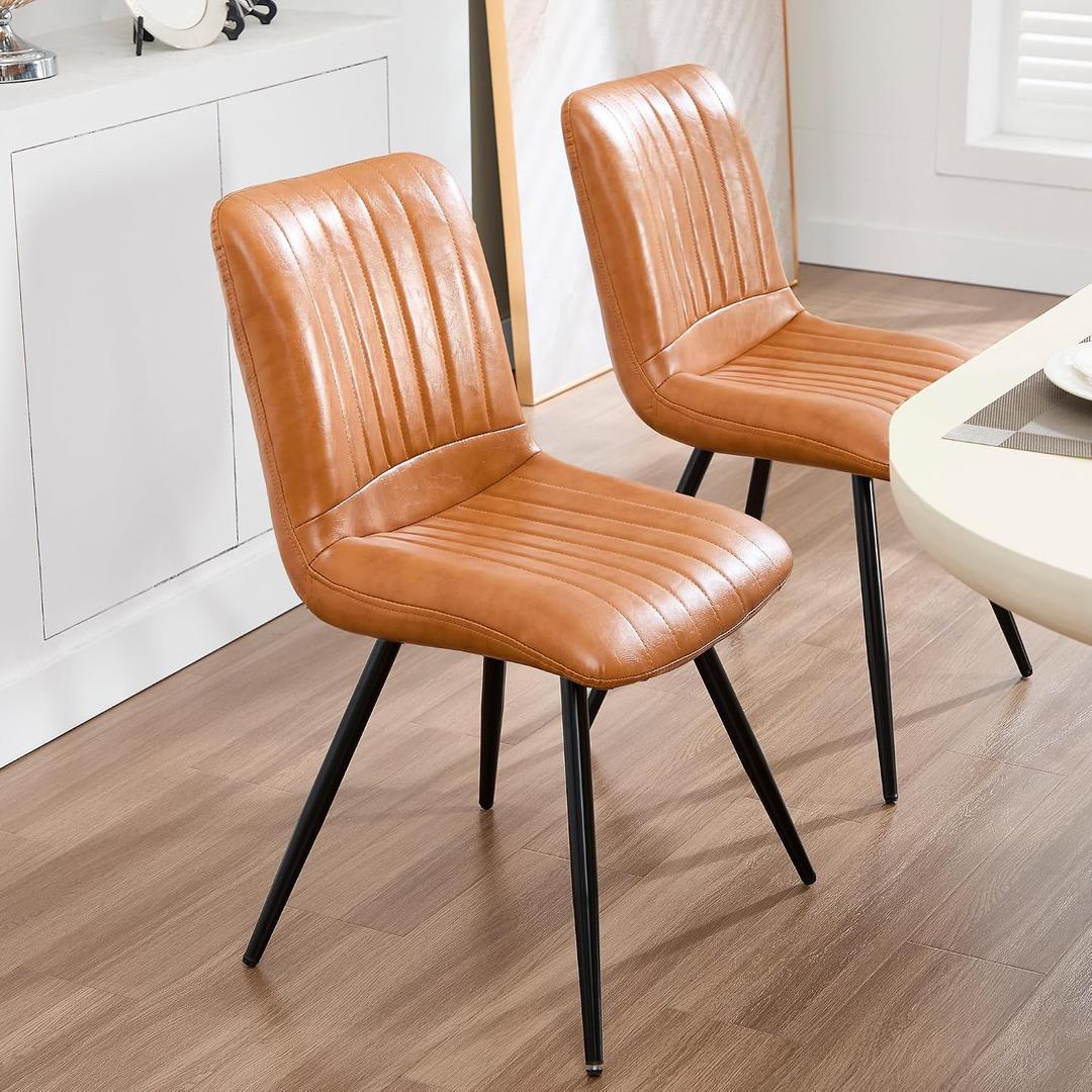 Dining Chairs Set of 2, Modern Dining Chairs with Thick Cushions, PU Leather Upholstered Kitchen Dining Room Chairs with Metal Legs for Dining Living Room (Caramel), 2 Pcs