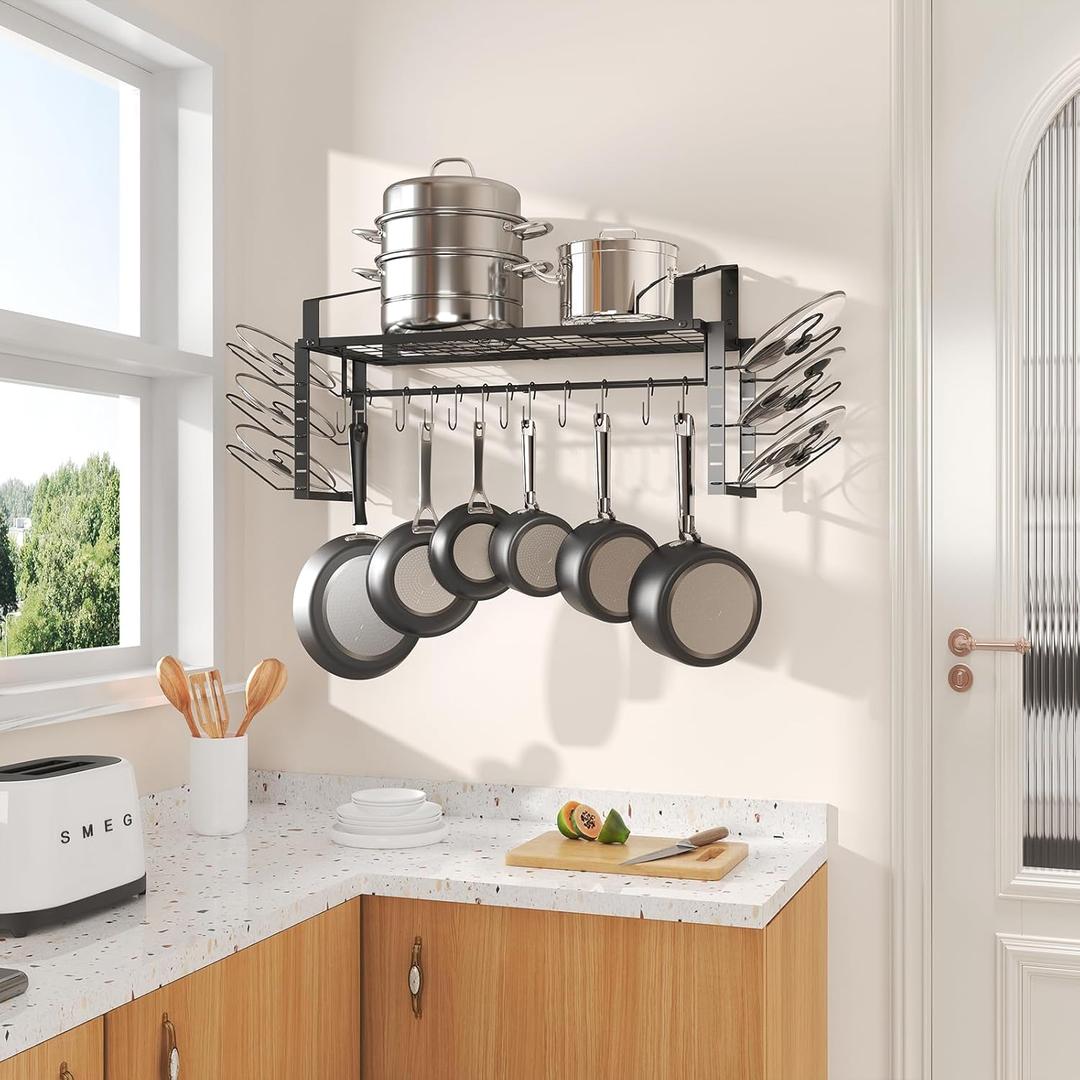 27-Inch Kitchen Pan Pot Rack Wall Mounted-Hanging Pots and Pans Organizer with 12 Hooks and 6 Pot Lid Holders,Heavy Duty Steel Pot and Pan Hanger for Cookware Utensils Storage, Screw-Upgraded Version