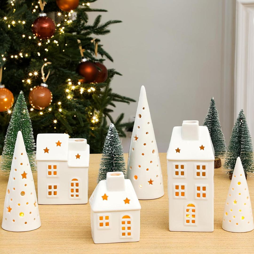 6 Pcs Ceramic LED Christmas Village Set Including 3 LED Ceramic Village Houses and 3 Porcelain Tree for Scenes Decor White Porcelain Xmas Figurine Decoration Tabletop Mantel Shelf