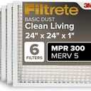 Filtrete 24x24x1 Air Filter, MPR 300, MERV 5, Clean Living Basic Dust 3-Month Pleated 1-Inch Air Filters, 6 Filters