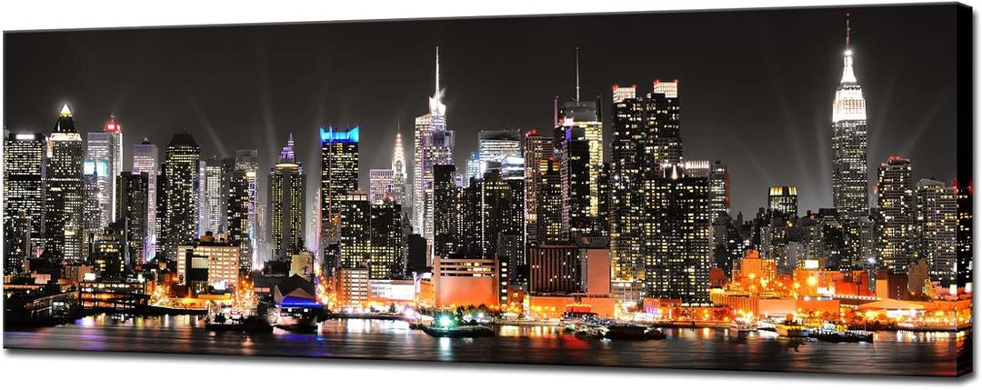 Biuteawal New York City Canvas Wall Art Manhattan Skyline at Night Picture Prints Framed NYC Skyline Landscape Artwork Modern Canvas Print Art for Home Office Living Room Decor, 48"L x 16"W