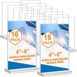 Acrylic Sign Holder 4x6, 16 Pack Clear Double Sided Clear Table Menu Vertical Display Stand Desktop Display Stand Paper Holder Table Sign Holder Suitable for Restaurants Office Store Show Fair