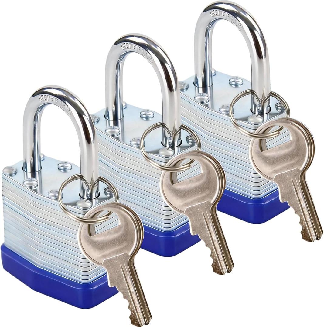 SEPOX Trinity Keyed-Alike Padlocks Outdoor, Reinforced Laminated Steel Body Heavy-Duty 1-9/16" 40MM, Uncuttable Standard Shackle, 3-Pcs-Lock, 6-Pcs Same Keys, for Gym Locker, Toolbox, Shed, Storage