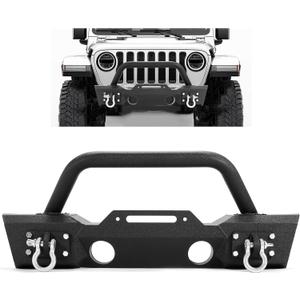ECOTRIC Stubby Front Bumper Compatible With 2007-2024 Jeep Wrangler JK JL Gladiator JT W/Fog Light Housing & D-rings Steel Powder Coated Black (Style1)