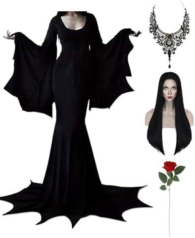 Halloween Morticia Addams Costumes Vintage Gothic Black Long Dress Outfit Women Wig Red Roses Flowers Necklace, M