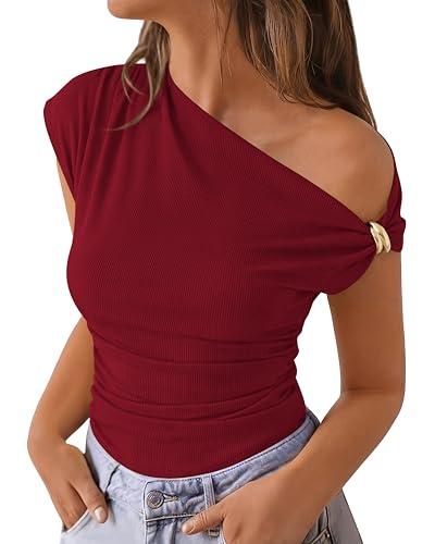 PRETTYGARDEN Womens Summer Off The Shoulder Crop Tops Ribbed Going Out Fitting T Shirts Trendy Spring Y2k Clothes 2026(Burgundy,Medium)