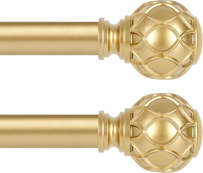 Gold Adjustable Curtain Rods for Windows:Farmhouse Heavy Duty Curtain Rod for Bedroom Living Room, Boho Decorative Rustic Drapery Rod with Vintage Coastal Texture Finial, Brass Gold 2Pack 36-88"