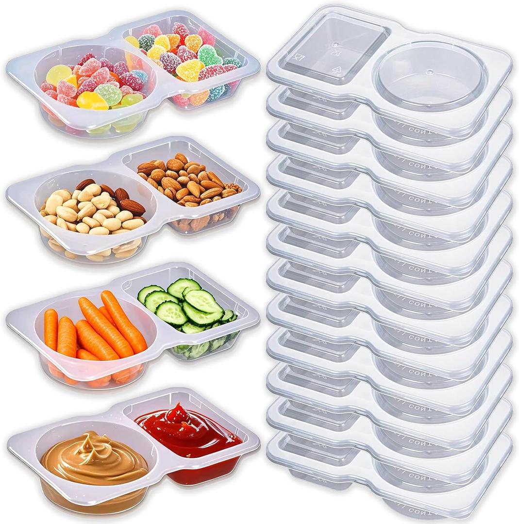 12Pcs Snack Pack Containers, Double Compartment Condiment Containers with Lids, Reusable Small Sauce Dipping Containers, Grab and Go Snack Containers, Disposable Snack Box Container for Kids Adults