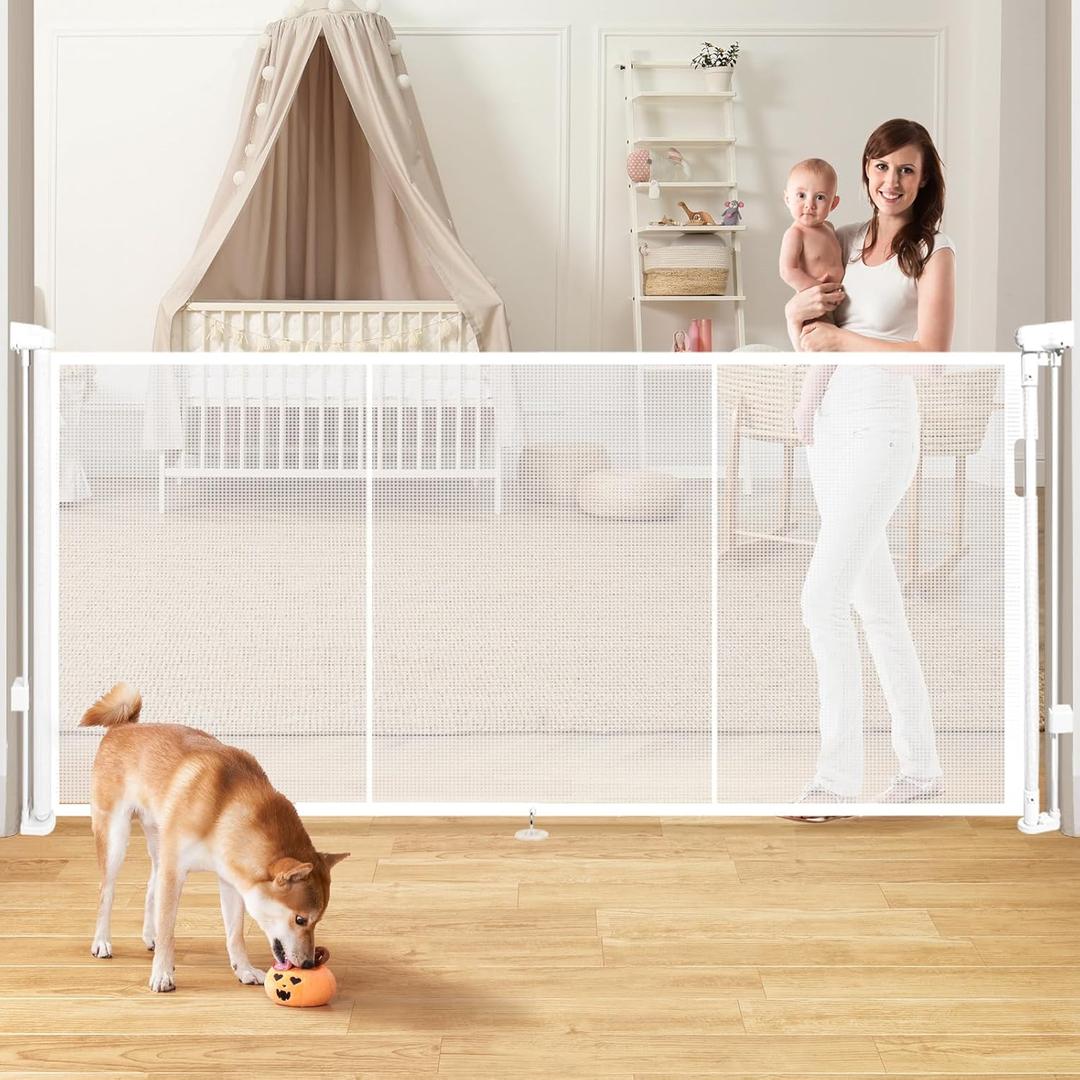 Retractable Baby Gates for Stairs, 78" Extra Wide Retractable Dog Gate with Support Rods for The House, 42" Extra Tall Baby Safety Gates Pet Gate for Doorways, Hallways, Indoor, Outdoor (White)