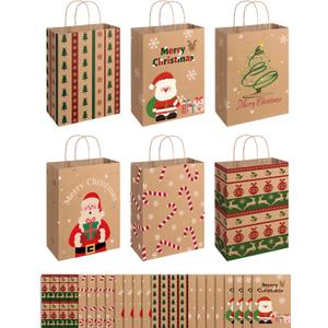 SUNEE Christmas Gift Bags, 24 Pack Christmas Bags for Gifts with Handles, 6 Assorted Kraft Paper Gift Bags Bulk with Xmas Tree, Santa Claus, Candy Designs, 7.28*3.15*8.7 Goodie Bags for Kids, Small Size