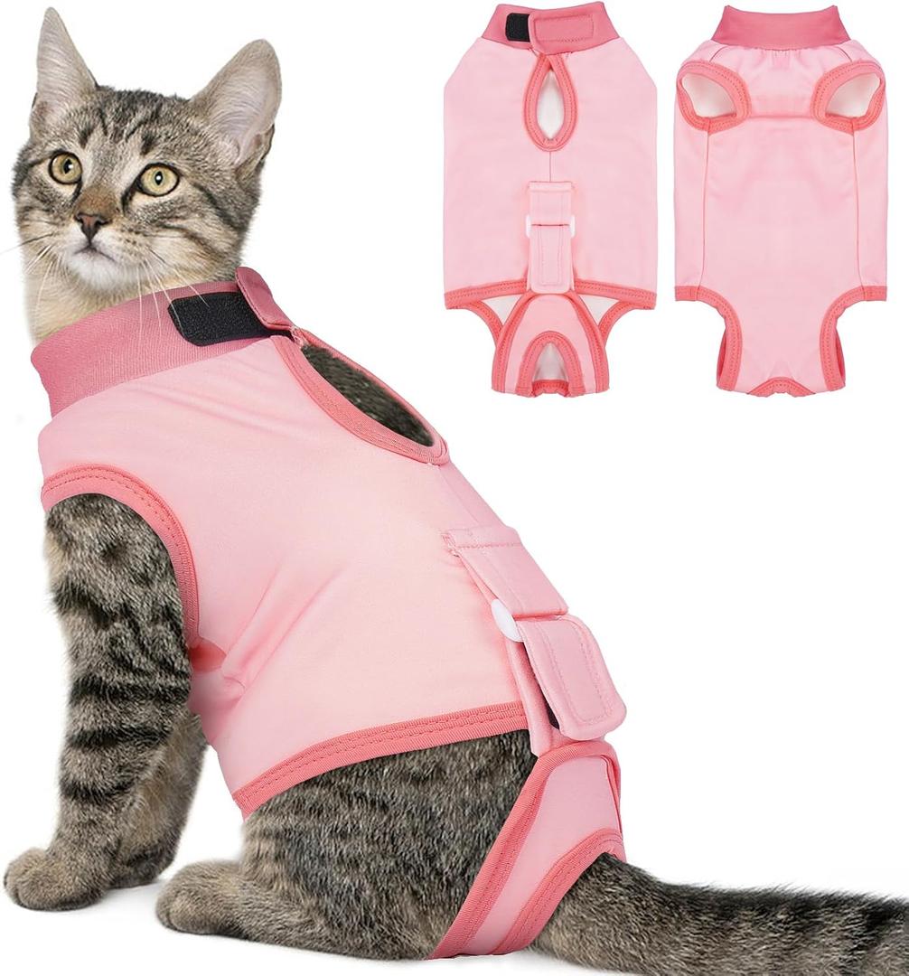 BRKURLEG Cat Recovery Suit for Female Male Anti-Licking Pet Surgical Pajamas Kitten Recovery Suit Cat Spay Recovery Suit Female Abdominal Wounds Skin Diseases Protection, Pink, M