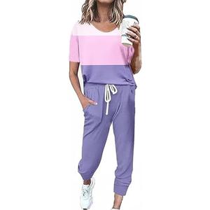 OCEANLUX Women's Sweatsuit Set Casual 2 Piece Pajamas Color Block Short Sleeve Top Long Pant Set Jogger Travel Tracksuits Small 19333-pink