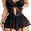 Sexy Stocking Underwire Push Up Rhinestones Heart Floral Lace Mesh Sheer Garter Bodysuit Skirt Lingerie Set 3 Piece (Black, XL)