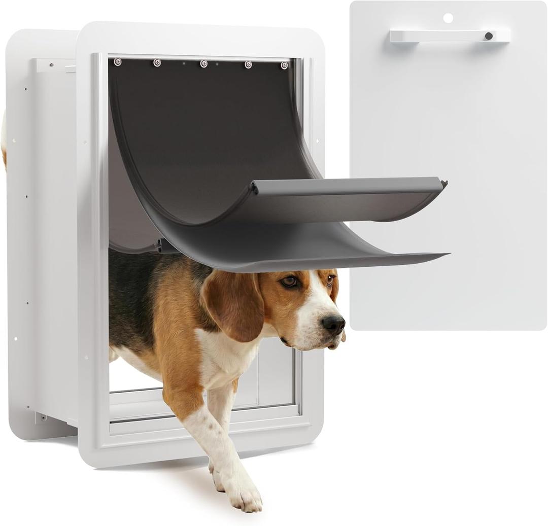 Large Wall Dog Door, 3-Flap Insulated Pet Door, Heavy Duty Steel Frame, Replaceable Flaps, Patented 2-Way Lockable Handle Panel, Easy Install Extreme Weather, Fits Pets up to 100 lb, White, Large for Wall