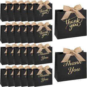 VGOODALL 24PCS Thank You Gift Bags, 4.5x3.9x1.8Inches Mini Party Favor Bags Black Treat Boxes with Bow Ribbon for Wedding Bridal Baby Shower Birthday Party