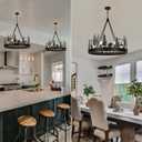 Rustic Chandeliers for Dining Room, Black Wagon Wheel Chandelier, Rustic Pendant Lights with Bear and Deer Design, 30''W Farmhouse Chandeliers for Living Room, Bedroom, Hallway, Entryway