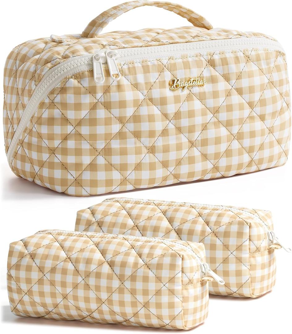 Travel Makeup Bag, 3 Pcs Large Capacity Puffy Toiletry Bag for Women, Open Flat Make up Cosmetic Organizer w/Handle & Clear Divider Water-resistant Portable Pouch Travel Essentials, L-Beige Plaid
