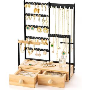 DreamGenius Jewelry Organizer Stand with 2 Velvet Ring Holder Drawers, 5 Tier Jewelry Holder Organizer with 11 Hooks for Necklaces and 145 Holes for Earrings, Black