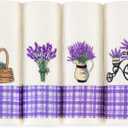 Lavien Home Cotton Kitchen Towels Set of 4 - Lavender Embroidered Tea Towels, Absorbent and Soft Waffle Weave with Plaid, 16x24 inches