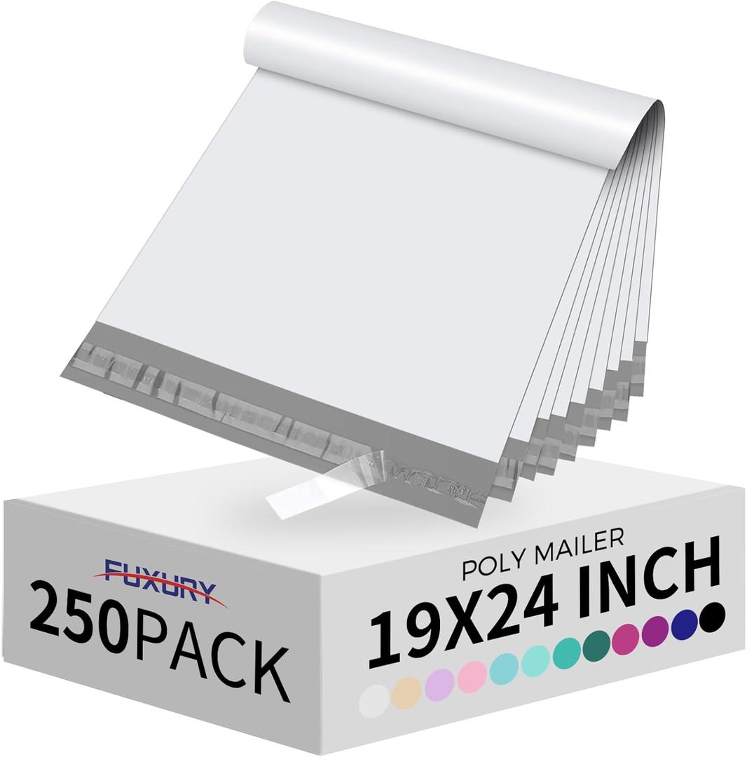 Fuxury Poly Mailers 19x24Inch 250Pcs,Waterproof Shipping Bags for Clothing,Strong Adhesive Shipping Envelopes for Small Business,Self Seal Heavy Duty Poly Mailer Bags,Flexible Mailing Bags White