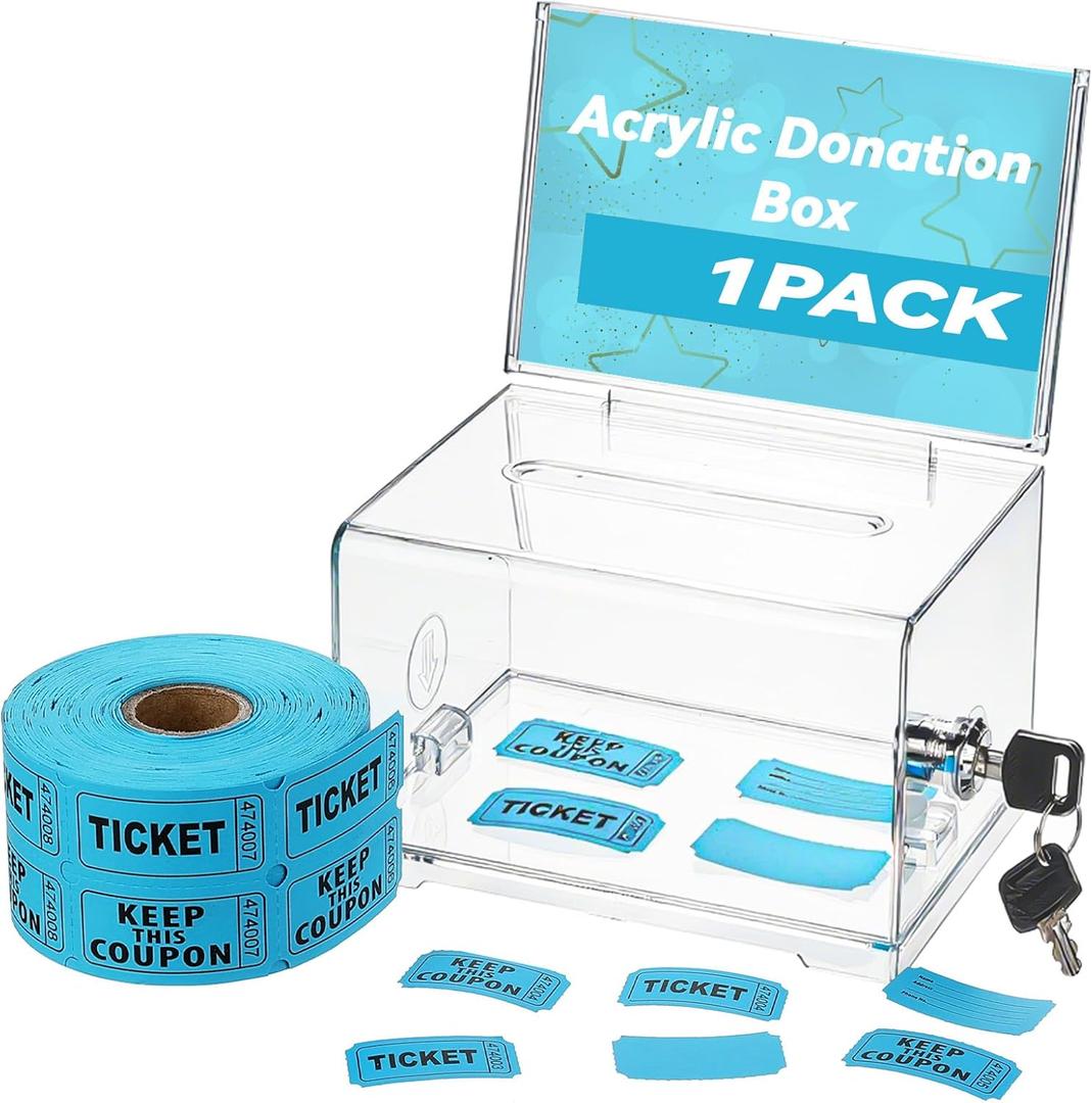 Raffle Ticket Box Acrylic Donation Box with Lock Slot 6.3" x 4.7" x 3.9" Clear Suggestion Ballot Boxes with 500 Raffle Tickets Tips Jar for Fundraising Donation Voting Collection