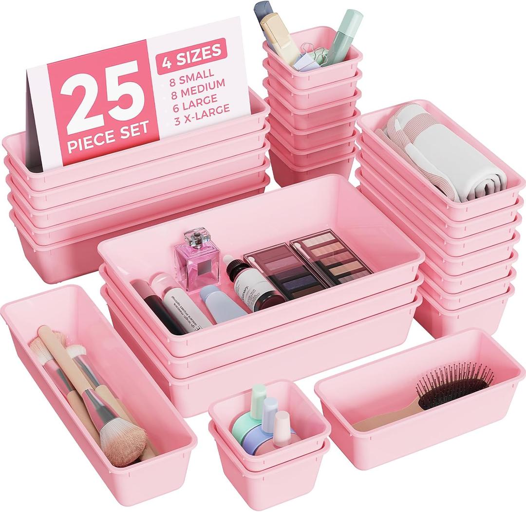 BiuLeon 25 PCS Plastic Drawer Organizers Set, 4-Sizes Vanity and Makeup Organizer, Desk and bathroom Drawer Organizer Trays, Organizers and Storage for Makeup, Jewelry, Gadgets, Utensils (Pink)