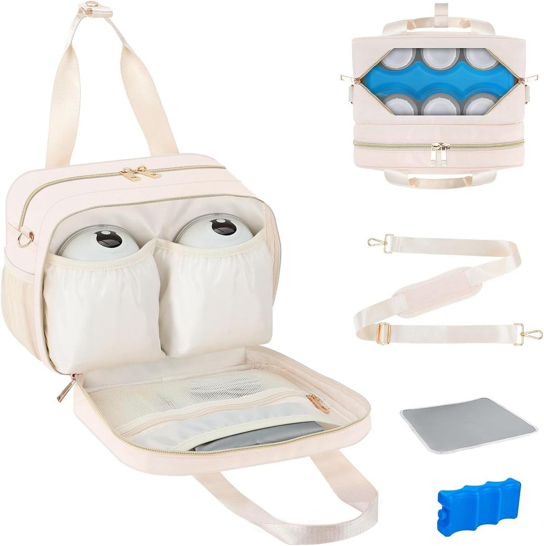 PIIOSER Breastmilk Cooler Bag with Ice Pack, Fits 6 Baby Bottles Up to 9 Ounce, Insulated Bottle Travel Bags with Shoulder Strap-Wearable Breast Pump Carrying Case for Nursing & Working Moms (Cream)