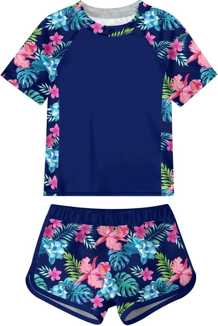 ADUKIDE Girls Rash Guard Swimsuit 2-Piece Bathing Suit UPF 50+ Summer Beach Swimwear Size 7-16T (11-12 Years, Floral Blue)