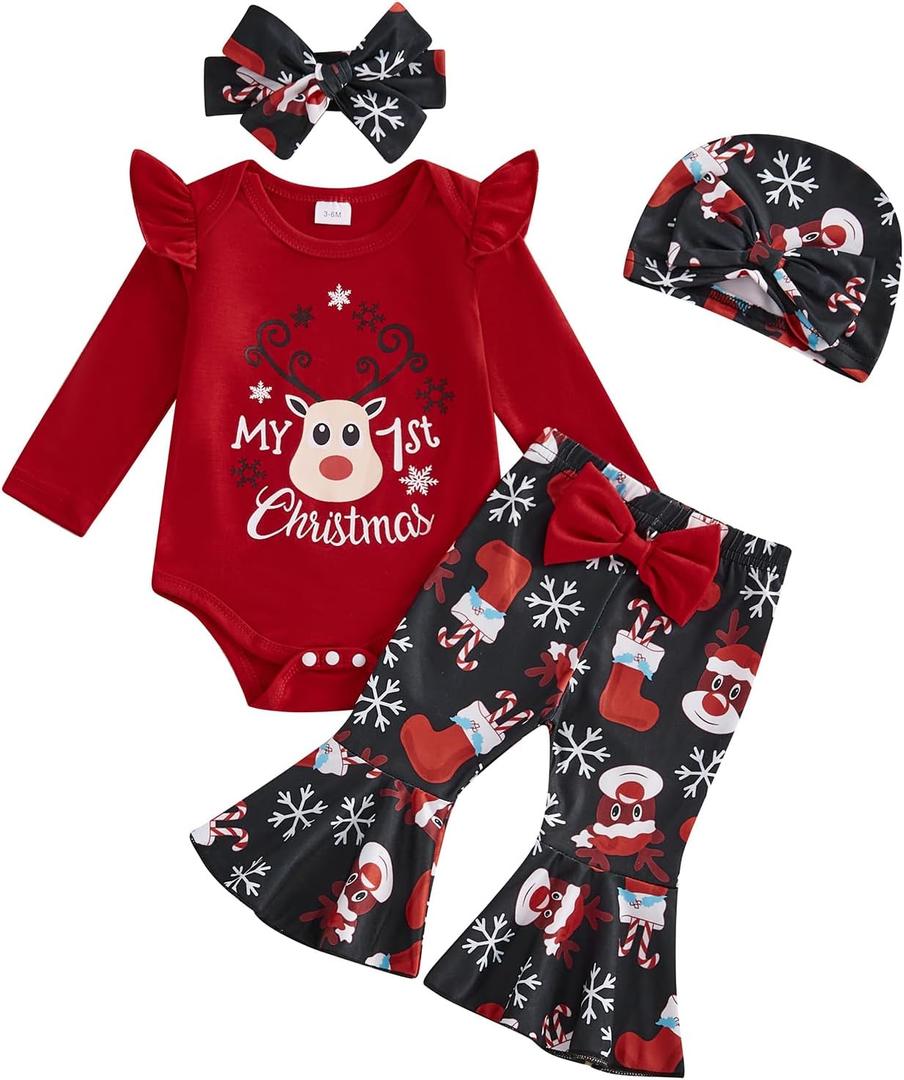 My First Christmas Baby Girl Outfits Elk Print Long Sleeves Romper Flared Pants Sets Baby Girl Christmas Outfits (0-3 Months)