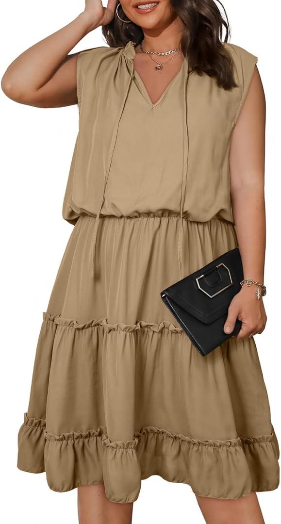 Eytino Womens Plus Size Summer Sleeveless V Neck Drawstrin Ruffle Layer Flowy Mini Dresses, 2X Khaki