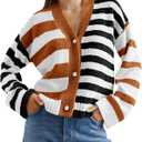 Saodimallsu Womens Striped Cardigan Sweaters V Neck Open Front Button Up Color Block Fuzzy Loose Knit Coats (Small, Brown)