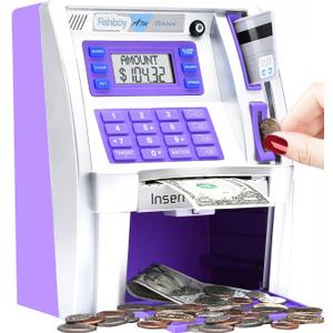 Fishboy ATM Piggy Bank for Kids with Power-Off Memory and Debit Card for Real Money, Onekey Shutdown, Coin Recognition, Target Setting, Bill Feeder, Balance Calculator, Electronic Savings Machine Box (Silver/Purple)