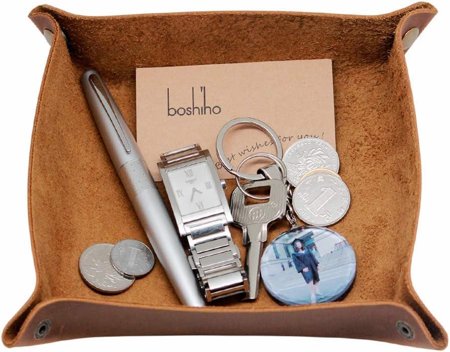 boshiho Valet Tray for Men, Leather Jewelry Catchall Key Phone Coin Box Change Caddy Bedside Storage Box (Crazy Horse Leather - Light Brown)
