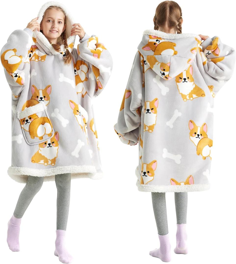Bedsure Wearable Blanket Hoodie, Sherpa Hooded Blanket Printed for Adult & Kids as Gifts for Women, Mom Gifts Sherpa Hoodie, Kids, Corgi, Silver Grey